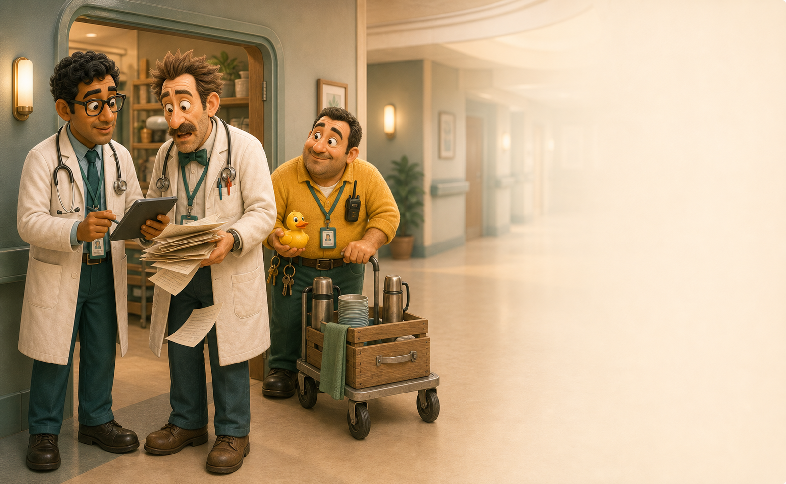 Pete the Porter outside clinic with Dr Axis and Dr Reggie Gland