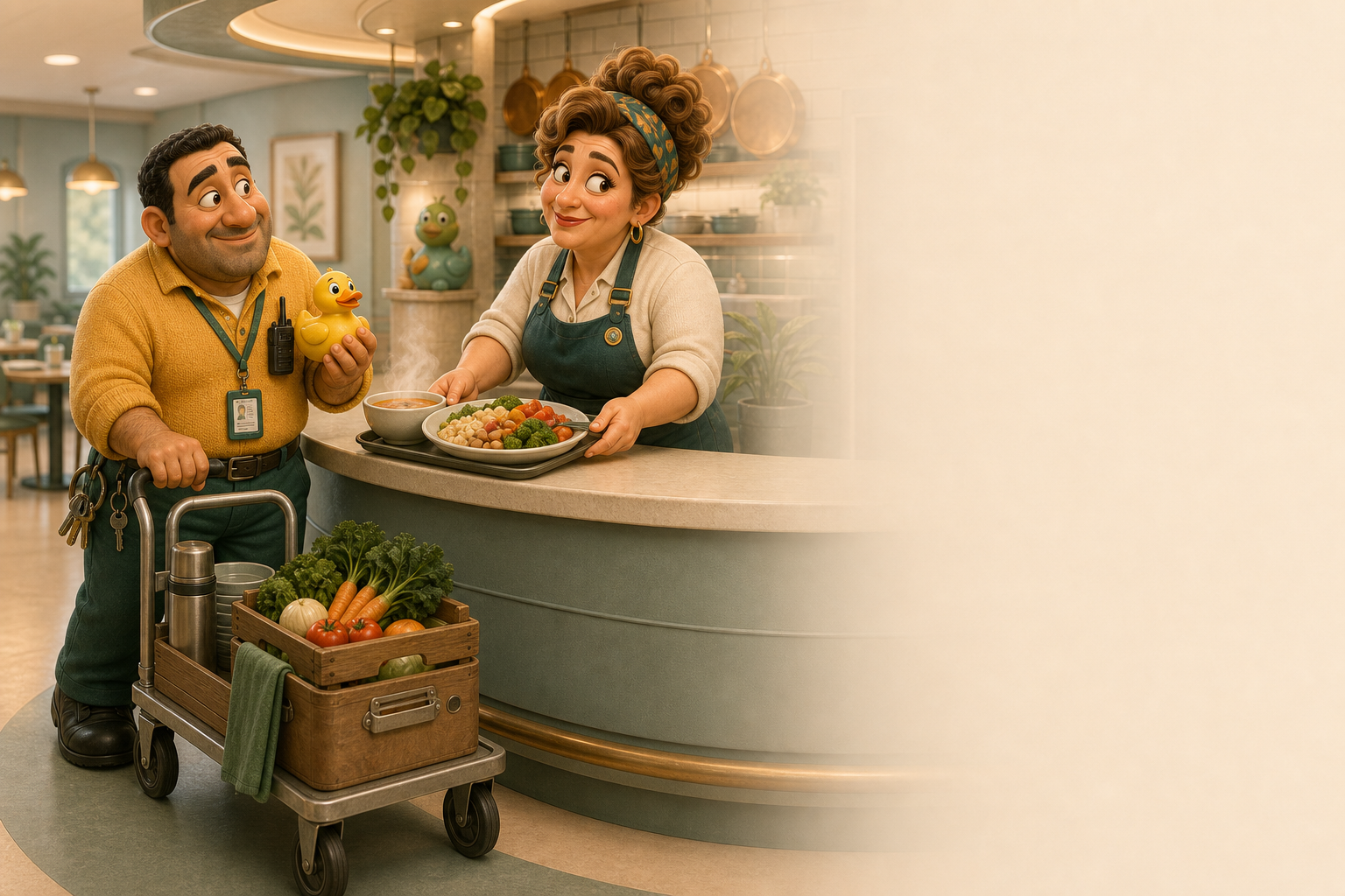 Pete the Porter meeting Cynthia Cinnabon in the Tally Ho canteen