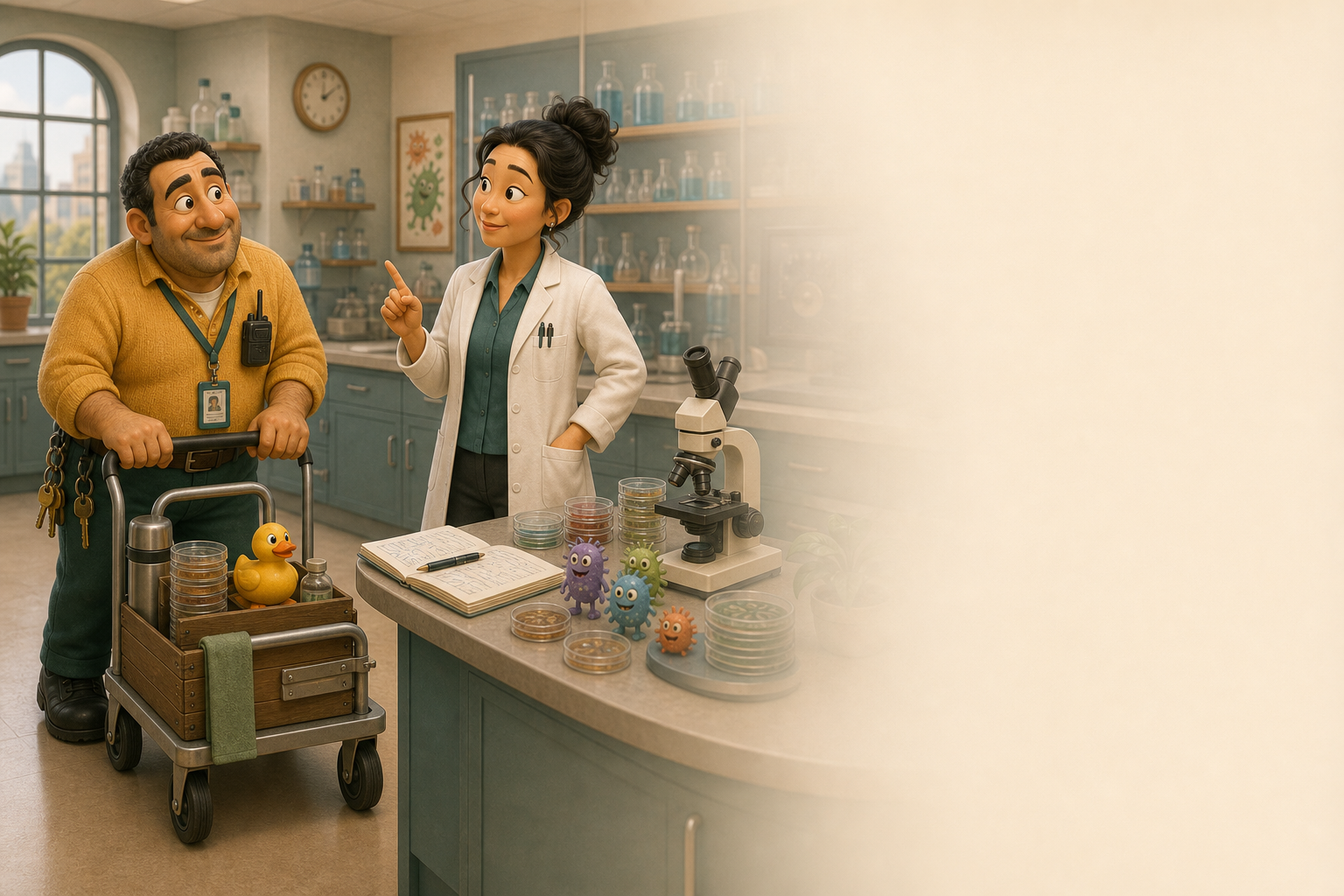 Pete the Porter meeting Dr Flora Mei PhD in the microbiology laboratory