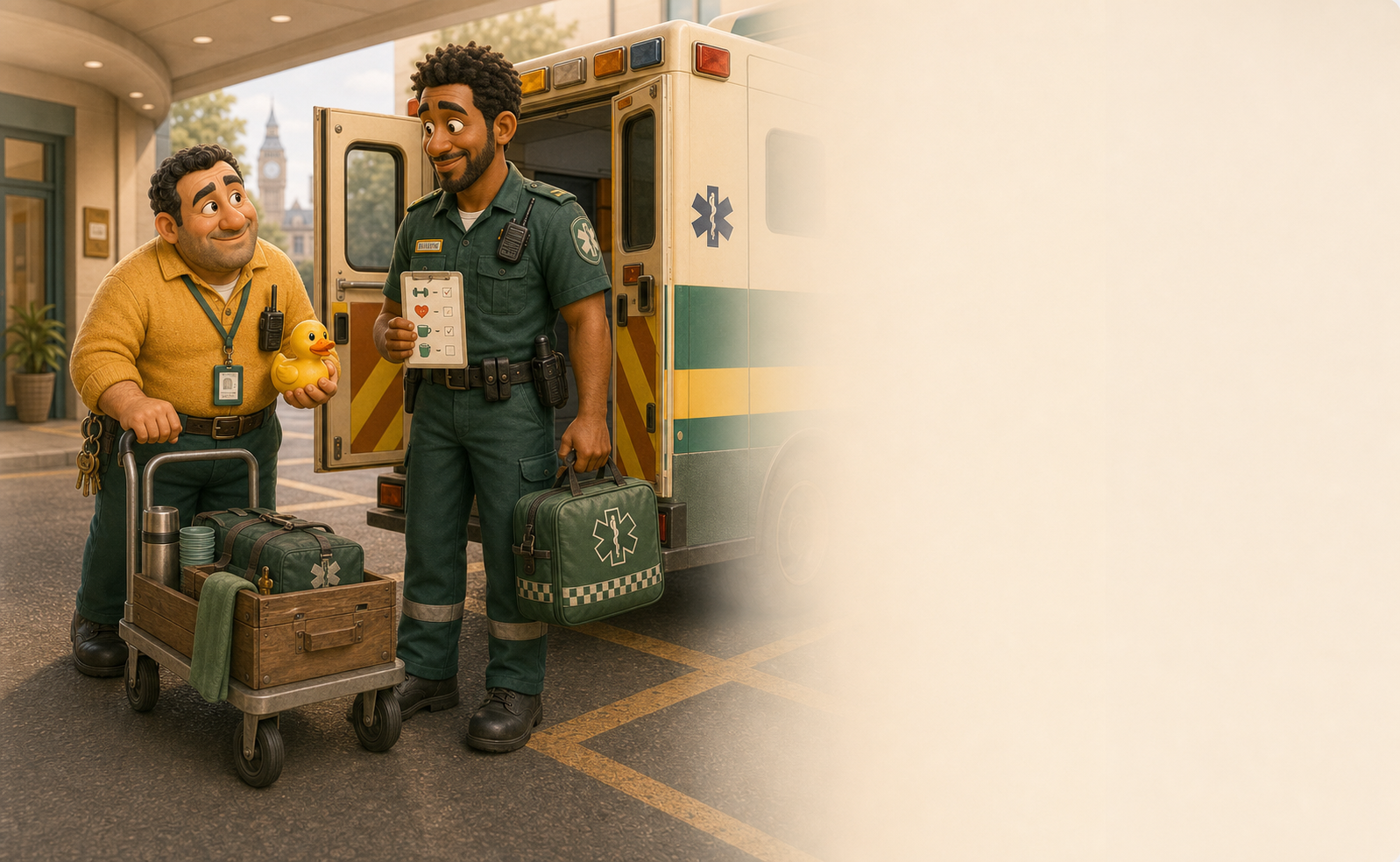 Pete the Porter meeting Sam Chase beside the ambulance bay