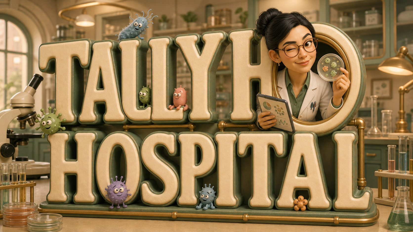 Dr Flora Mei PhD emerging through Tally Ho Hospital letters with microbiology props