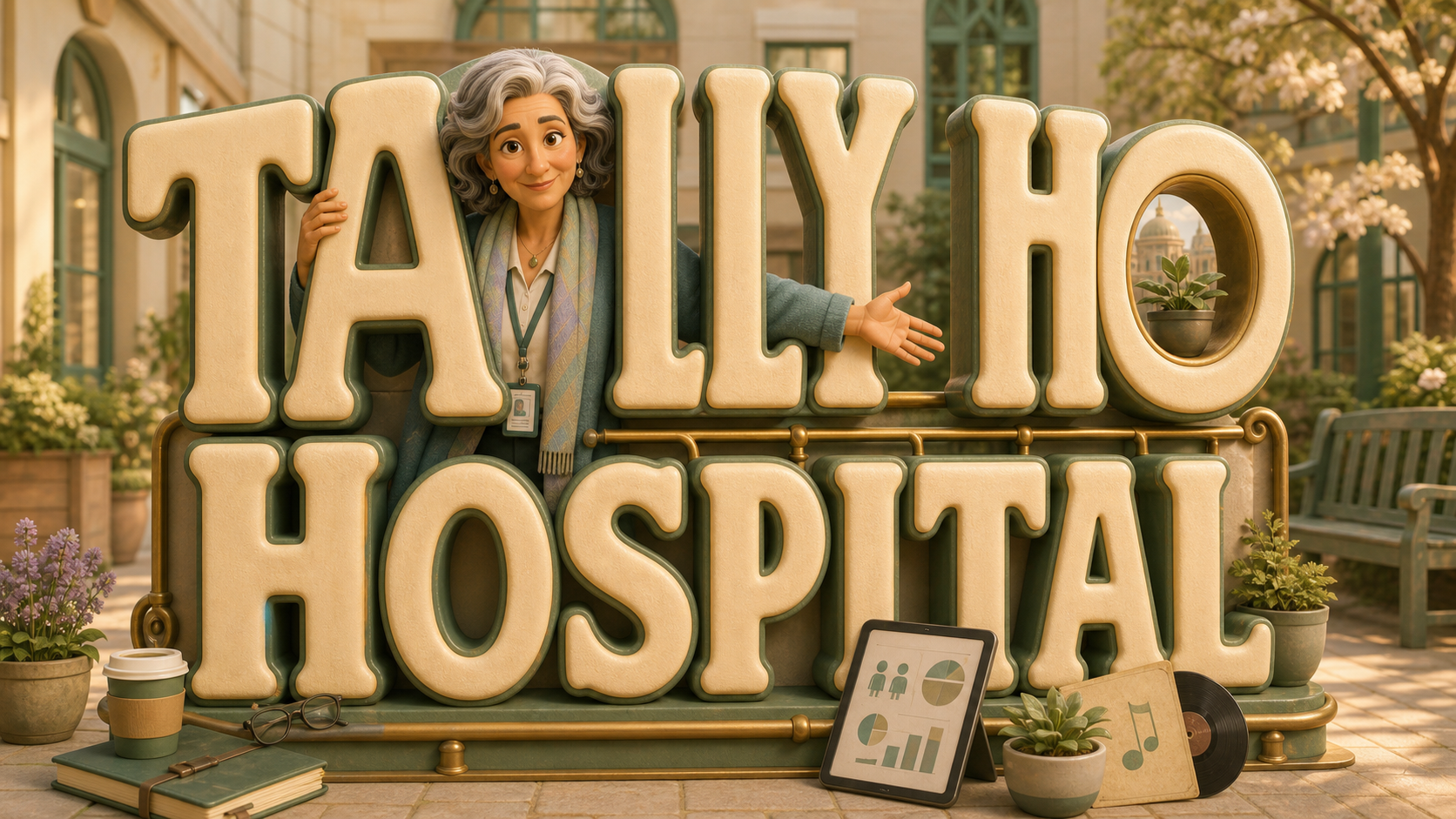 Professor Klara Zenith calmly emerging through Tally Ho Hospital letters with systems thinking props