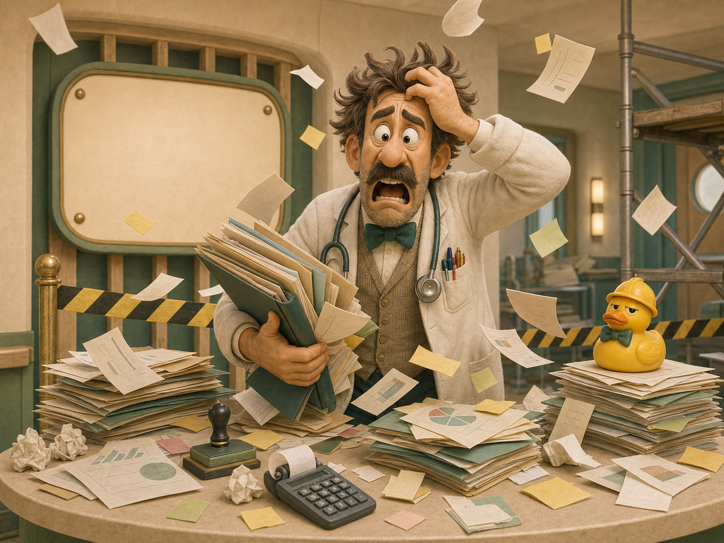 Dr Reggie Gland overwhelmed by paperwork while the fallacy duck watches from a stack of forms